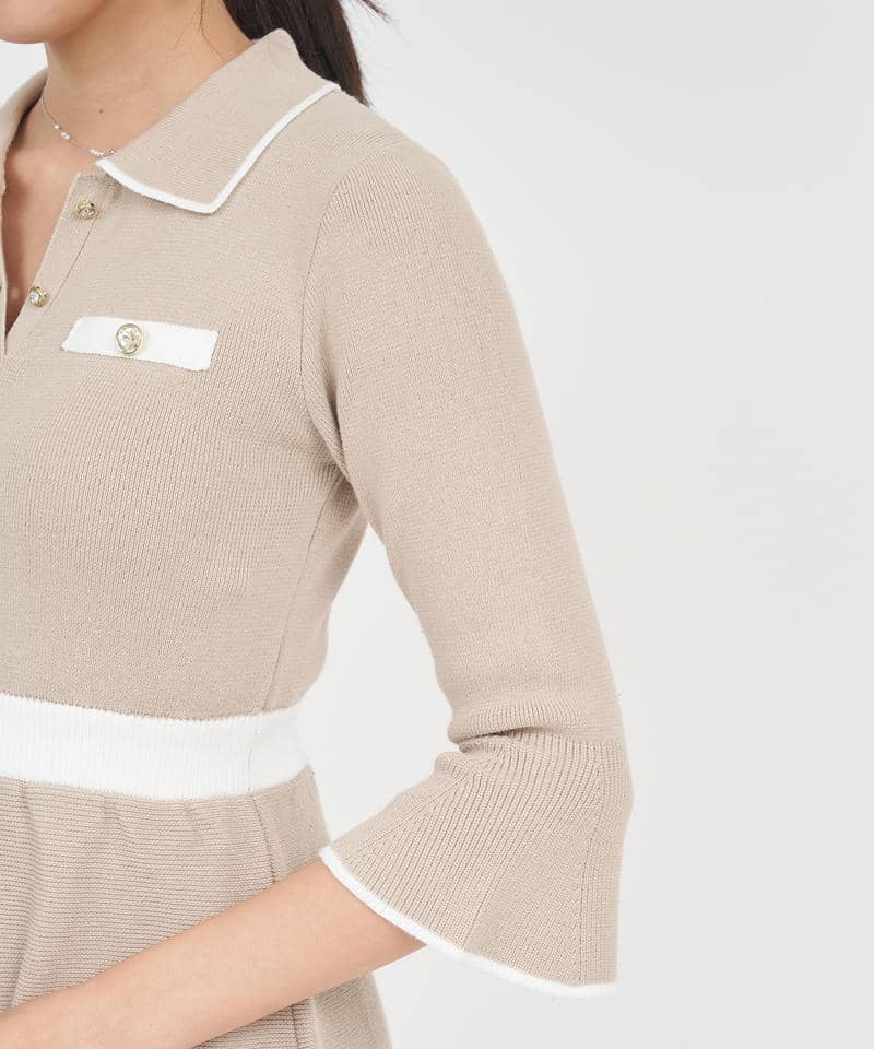 衿付配色ニットミニフレアワンピース 詳細画像 ベージュ 5