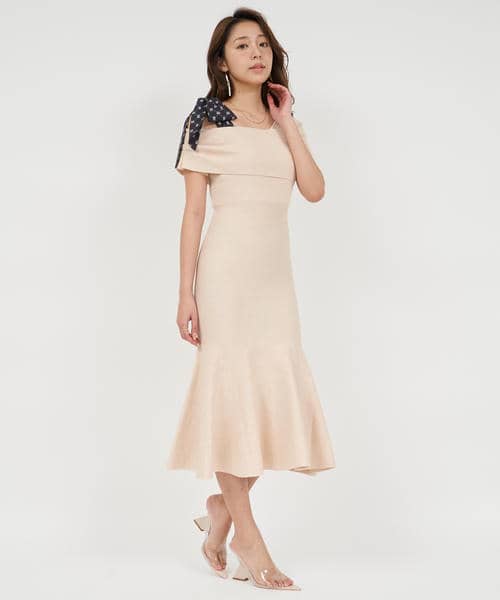 ショルダースカーフ付ニットマーメイドワンピース 詳細画像