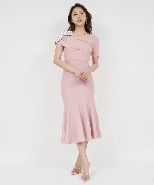 ショルダースカーフ付ニットマーメイドワンピース 詳細画像