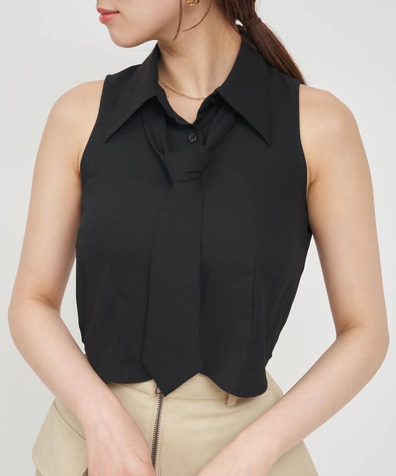 ネクタイ付ノースリーブブラウス 詳細画像 ブラック 4