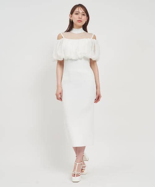 レイヤード風ドットシアーニットタイトワンピース 詳細画像