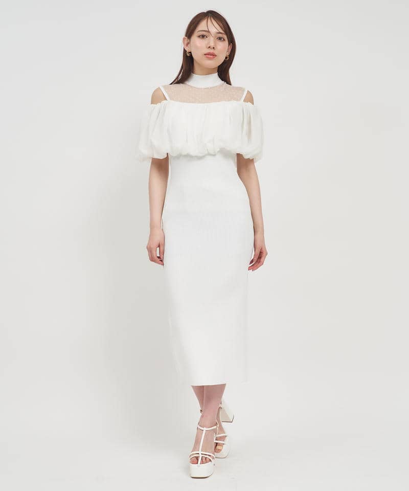 レイヤード風ドットシアーニットタイトワンピース 詳細画像 オフホワイト 1