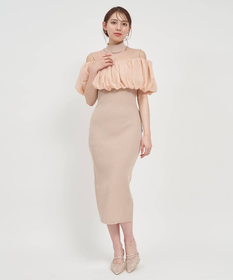 レイヤード風ドットシアーニットタイトワンピース 詳細画像 ベージュ 1