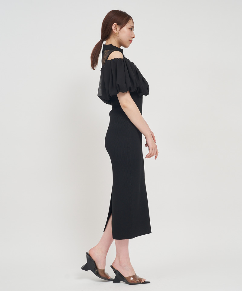 レイヤード風ドットシアーニットタイトワンピース 詳細画像 ベージュ 2