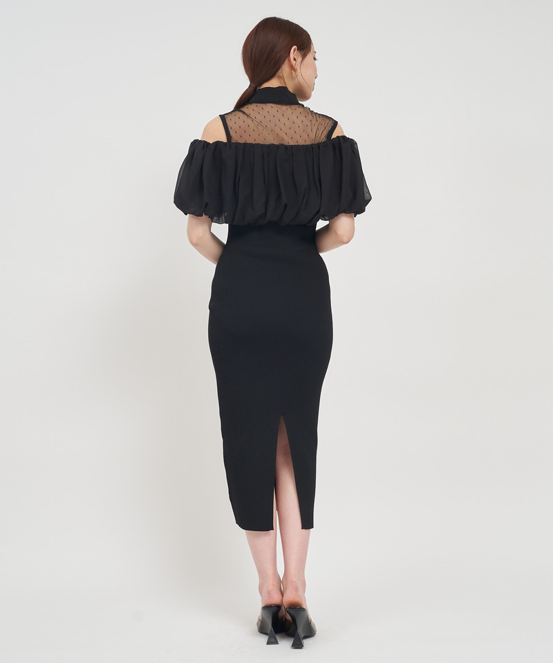 レイヤード風ドットシアーニットタイトワンピース 詳細画像 ベージュ 3