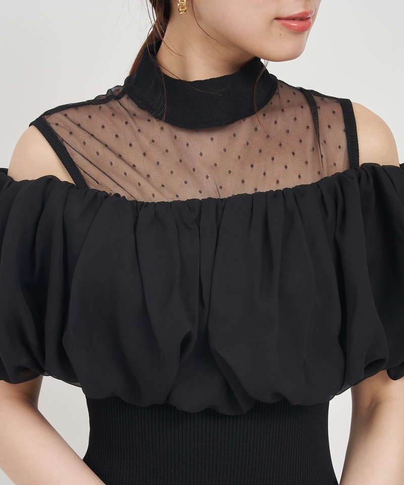 レイヤード風ドットシアーニットタイトワンピース 詳細画像 ベージュ 4