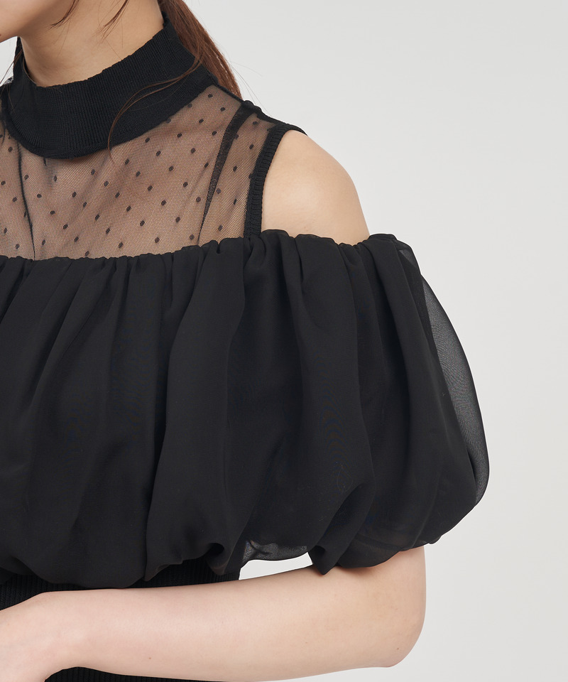 レイヤード風ドットシアーニットタイトワンピース 詳細画像 ベージュ 5