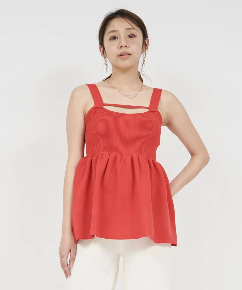 デコルテラインペプラムノースリーブニットトップス 詳細画像 レッド 1