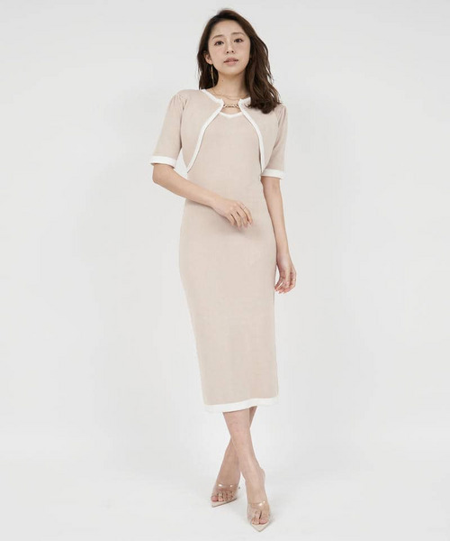 ボレロ風配色ビット付タイトワンピース 詳細画像