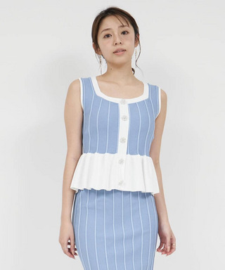 配色ペプラムノースリーブニットトップス