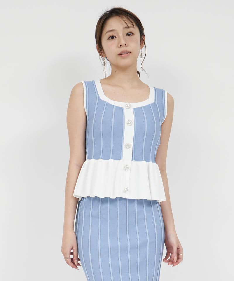 配色ペプラムノースリーブニットトップス 詳細画像 ブルー 1