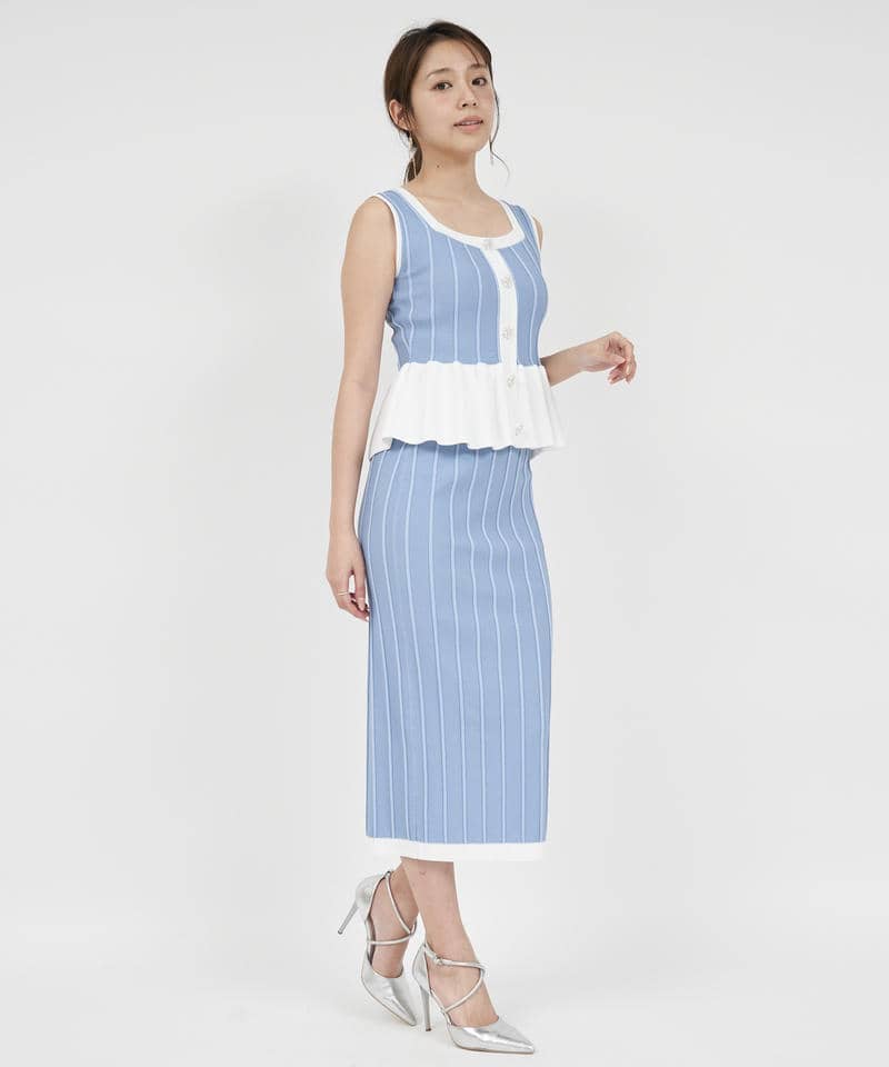 配色ペプラムノースリーブニットトップス 詳細画像 ブルー 2