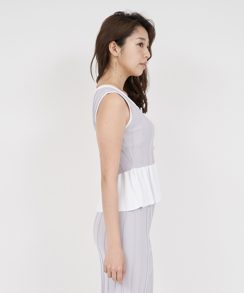 配色ペプラムノースリーブニットトップス 詳細画像 ブルー 3