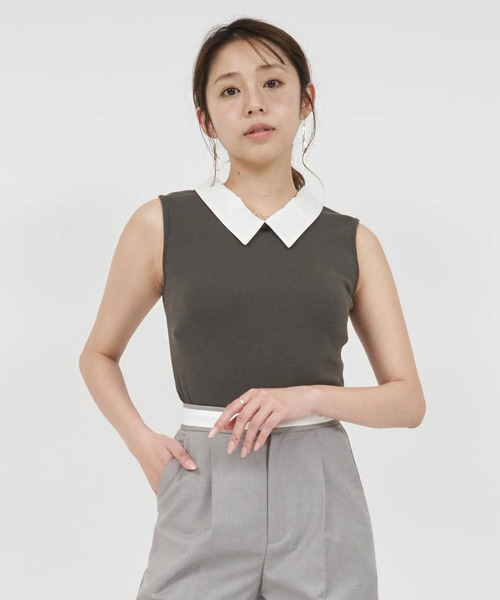 衿付2wayカットリブトップス 詳細画像