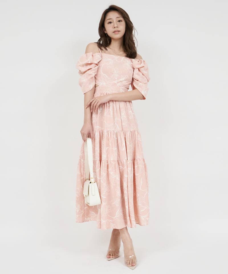 【丈が選べる】ラインフラワー柄マキシワンピース 詳細画像 ピンク 1