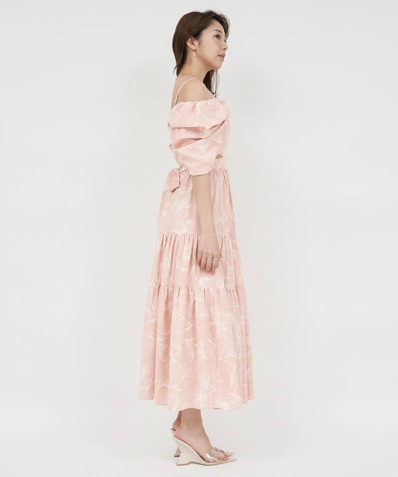 【丈が選べる】ラインフラワー柄マキシワンピース 詳細画像 ピンク 2