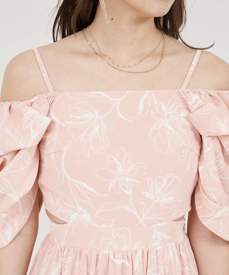 【丈が選べる】ラインフラワー柄マキシワンピース 詳細画像 ピンク 4