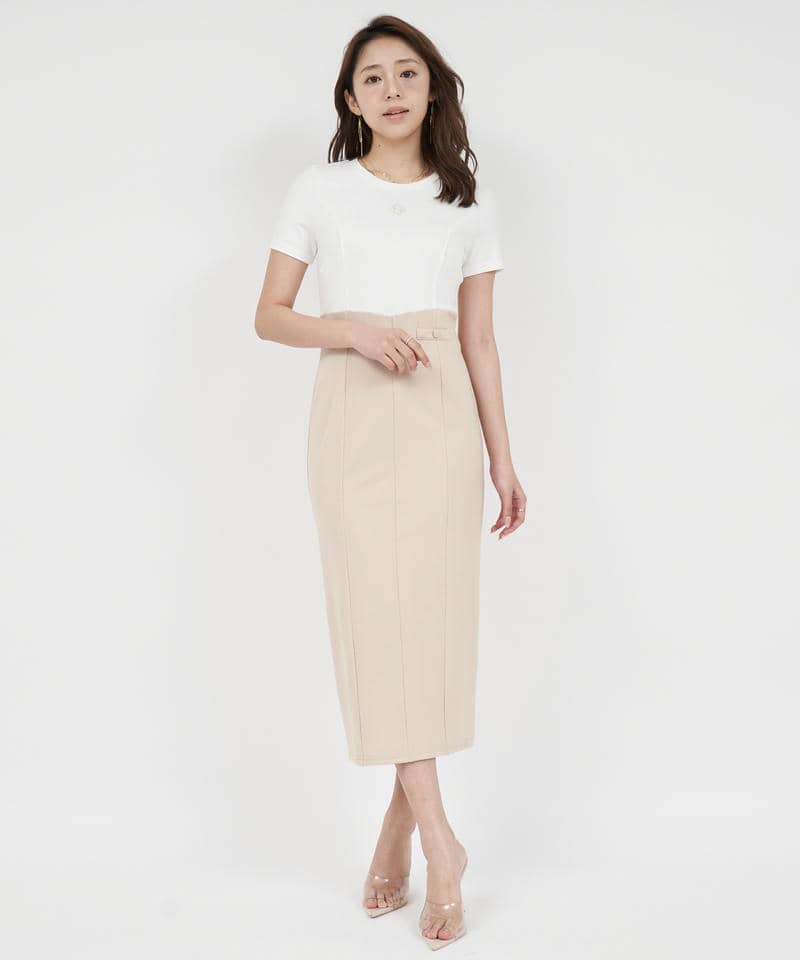 【丈が選べる】エンブレム刺しゅうカットタイトワンピース 詳細画像 ベージュ 1