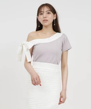 リボンワンショル配色カットトップス