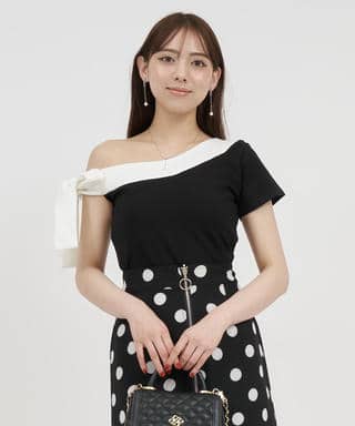 リボンワンショル配色カットトップス