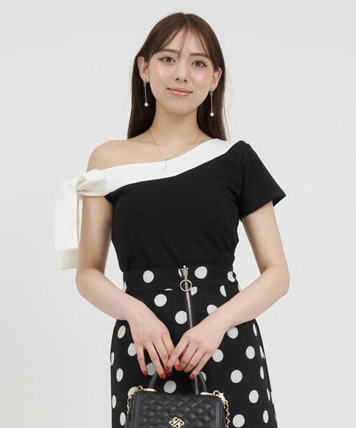 リボンワンショル配色カットトップス 詳細画像