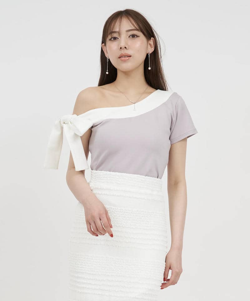 リボンワンショル配色カットトップス 詳細画像 ライトグレー 1