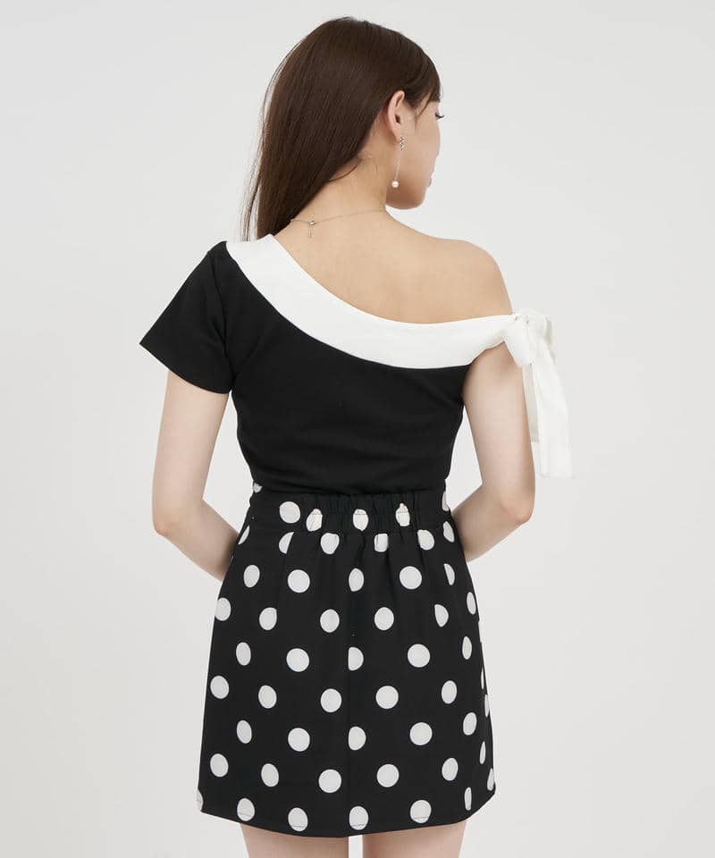 リボンワンショル配色カットトップス 詳細画像 ブラック 3