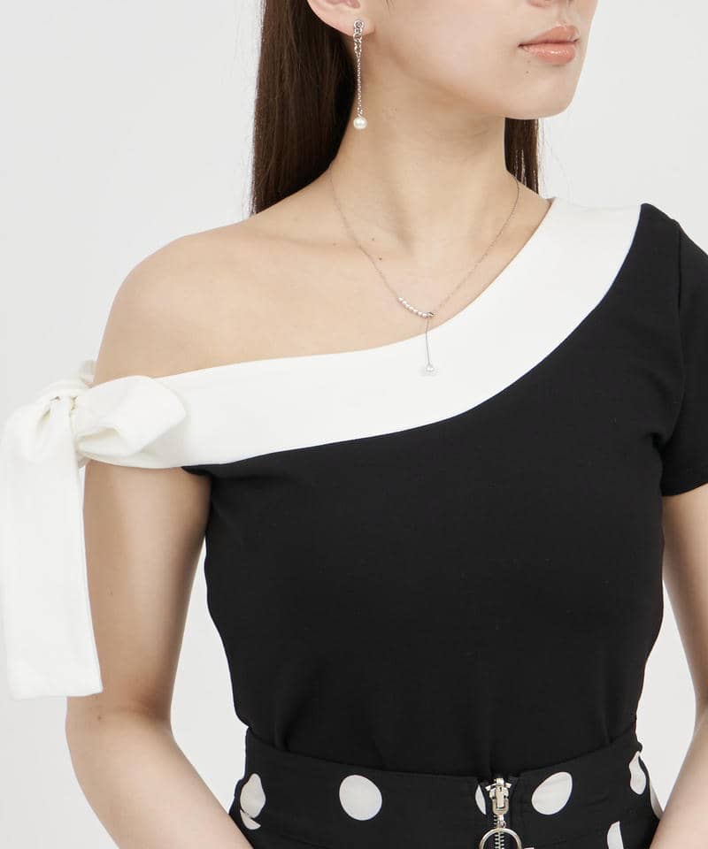 リボンワンショル配色カットトップス 詳細画像 ブラック 4
