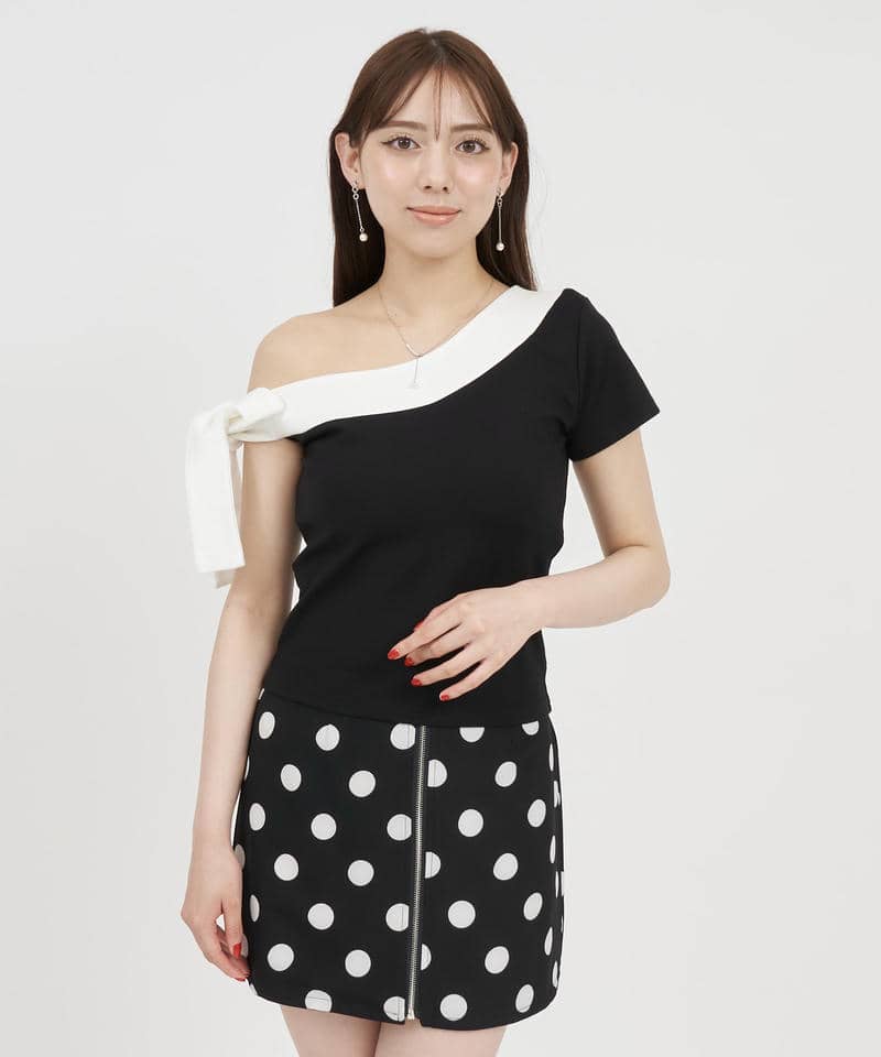 リボンワンショル配色カットトップス 詳細画像 ブラック 8