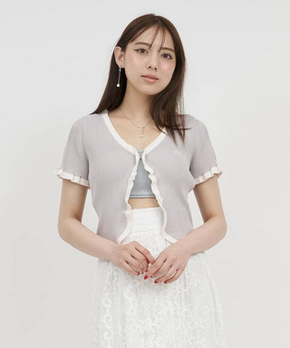 配色フリル半袖ニットカーディガン