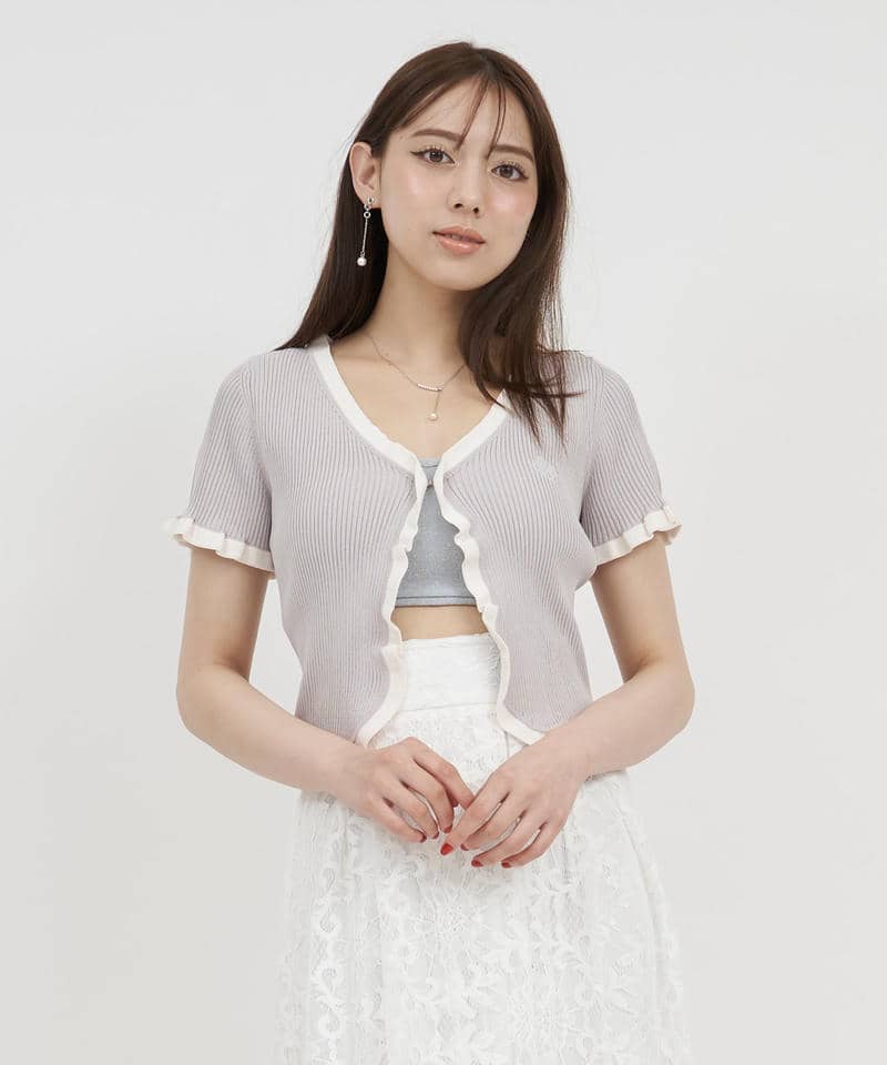 配色フリル半袖ニットカーディガン 詳細画像 ライトグレー 1