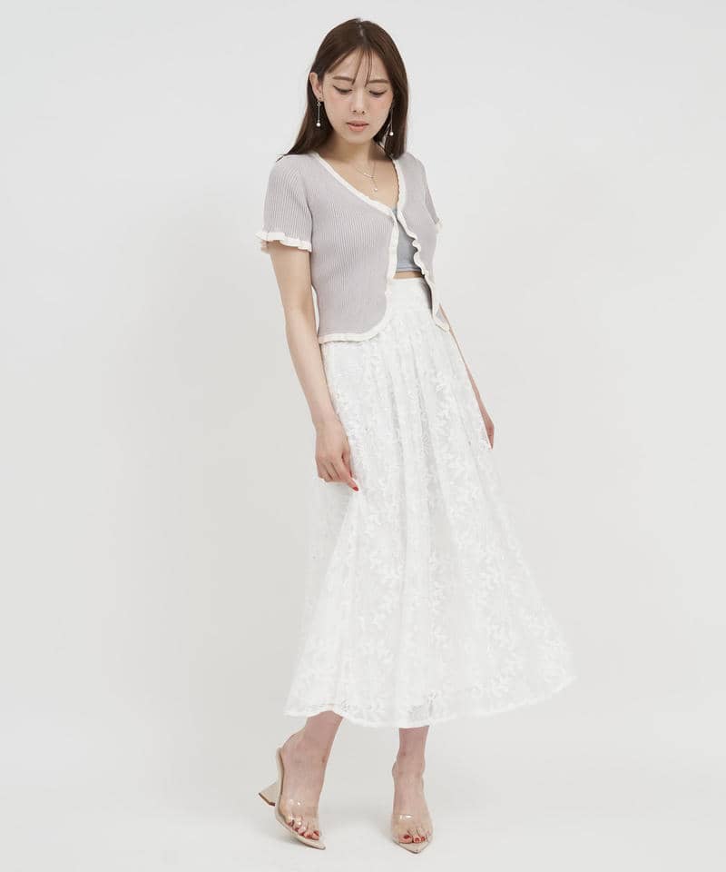 配色フリル半袖ニットカーディガン 詳細画像 ライトグレー 2