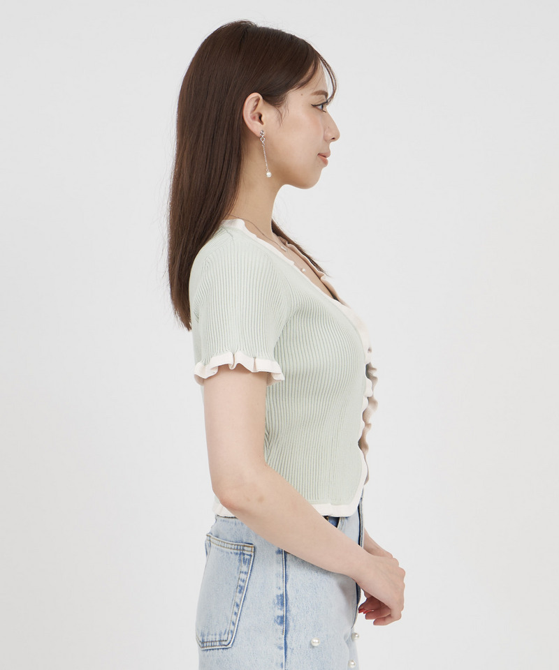 配色フリル半袖ニットカーディガン 詳細画像 ライトグレー 3