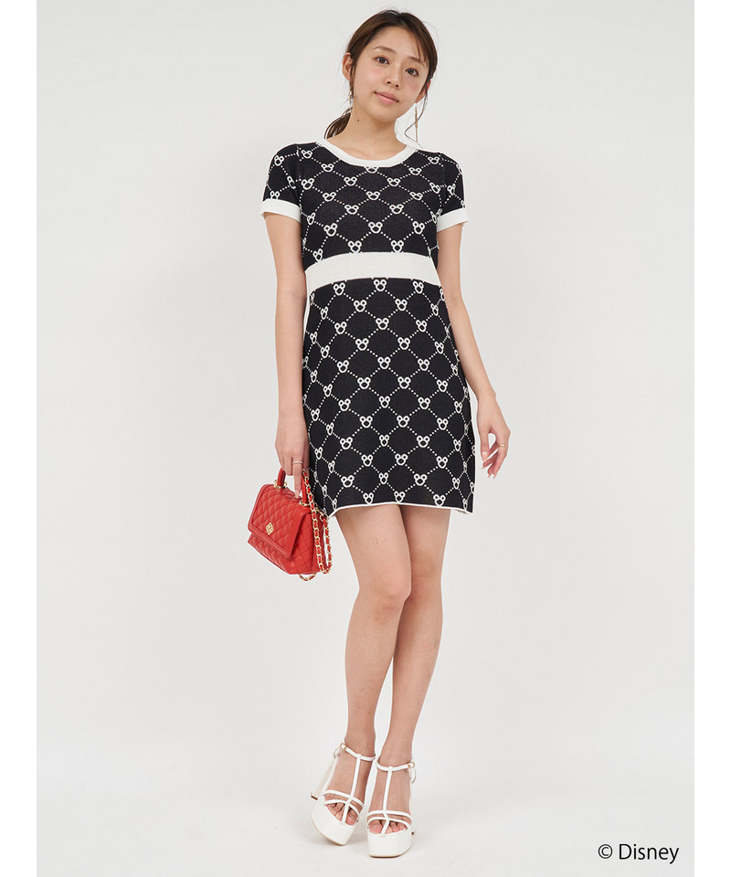 【さりげなミッキー】配色ジャガードニットミニワンピース 詳細画像 ブラック 1