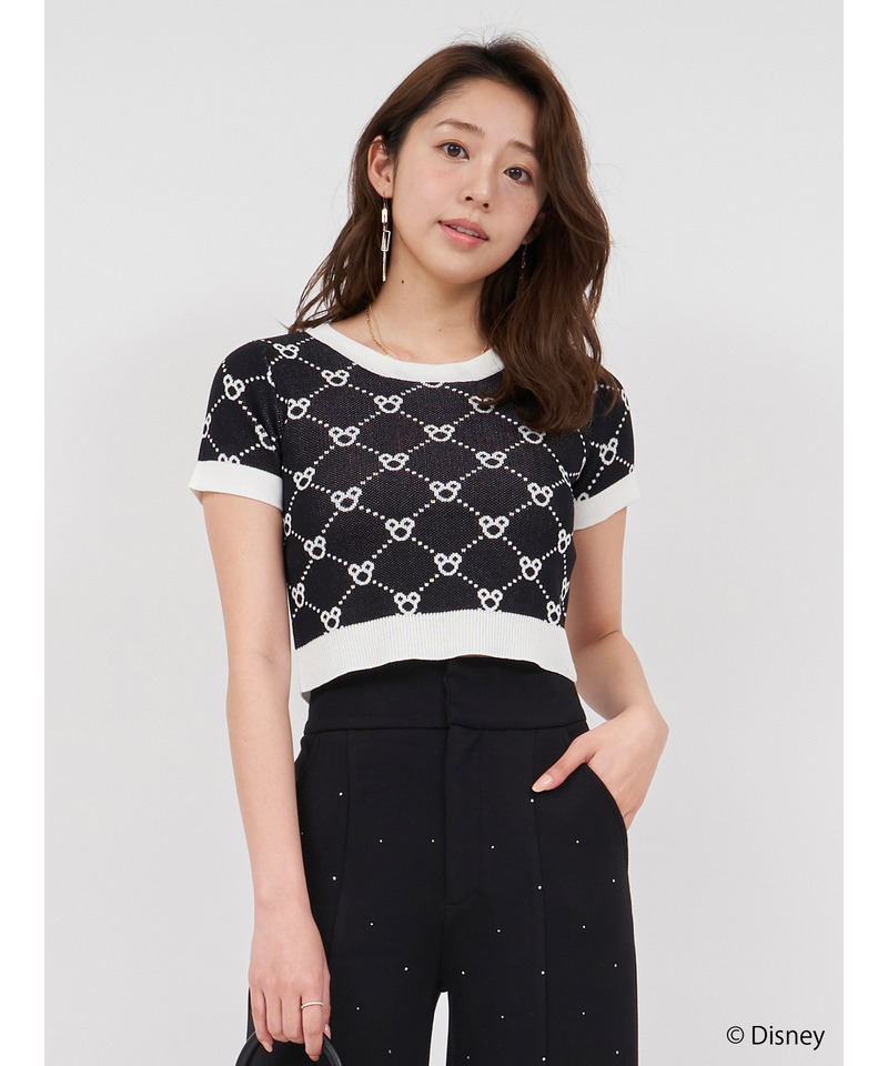 【さりげなミッキー】配色ジャガードニットトップス 詳細画像 ブラック 1