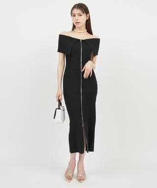 【丈が選べる】ダブルZIPオフショルタイトニットワンピース