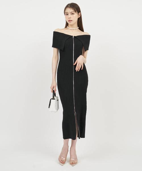 【丈が選べる】ダブルZIPオフショルタイトニットワンピース 詳細画像