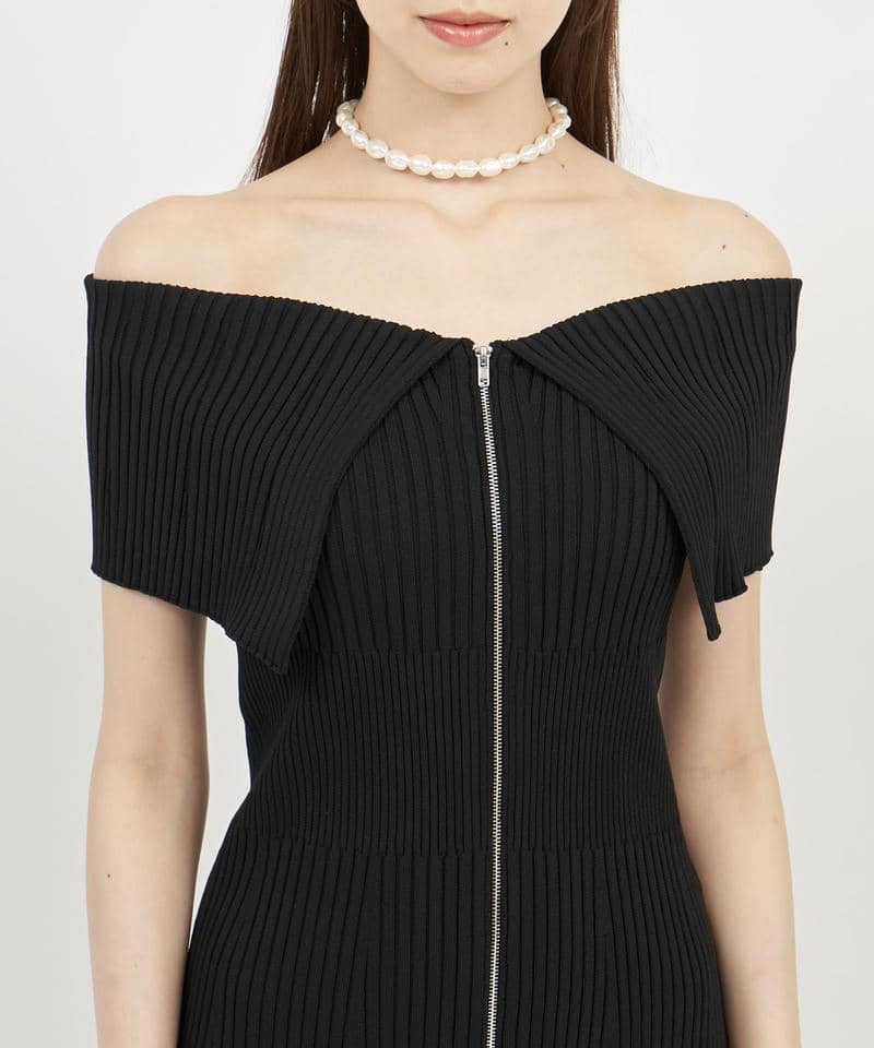 【丈が選べる】ダブルZIPオフショルタイトニットワンピース 詳細画像 ブラック 4