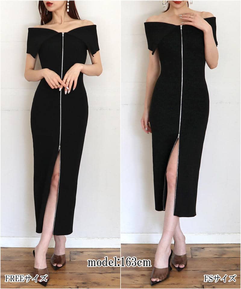 【丈が選べる】ダブルZIPオフショルタイトニットワンピース 詳細画像 ブラック 8