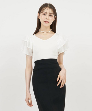 異素材ラッフルスリーブニットトップス