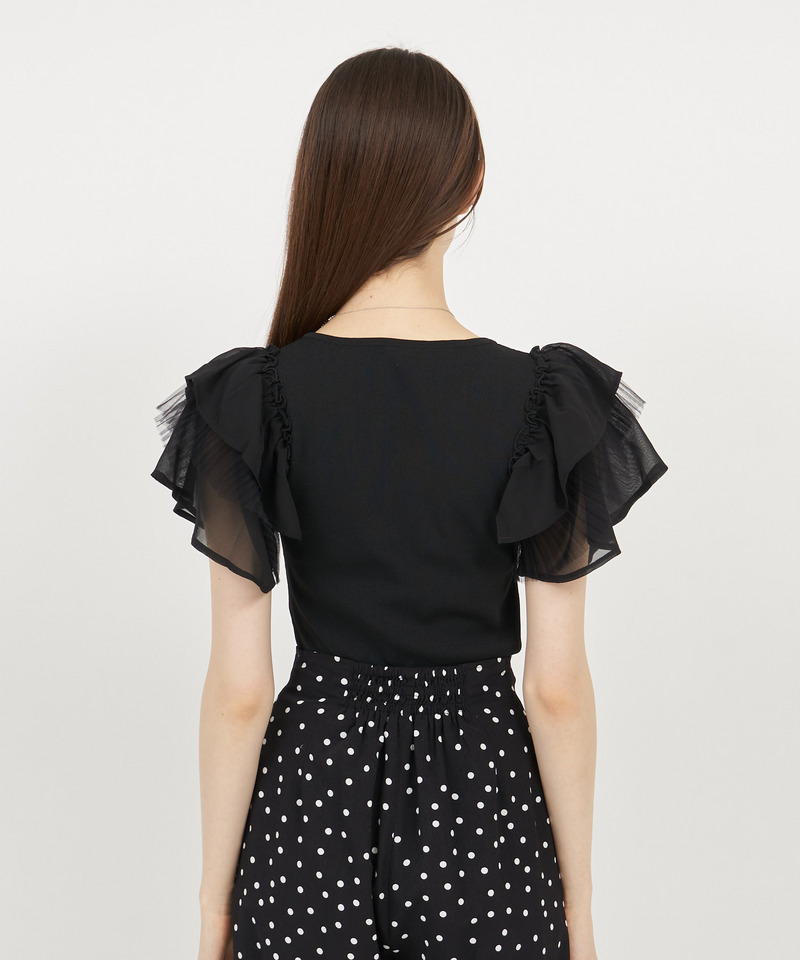 異素材ラッフルスリーブニットトップス 詳細画像 オフホワイト 4