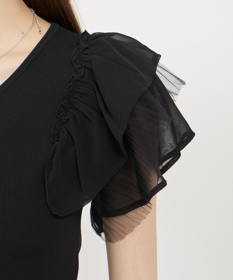 異素材ラッフルスリーブニットトップス 詳細画像 オフホワイト 6