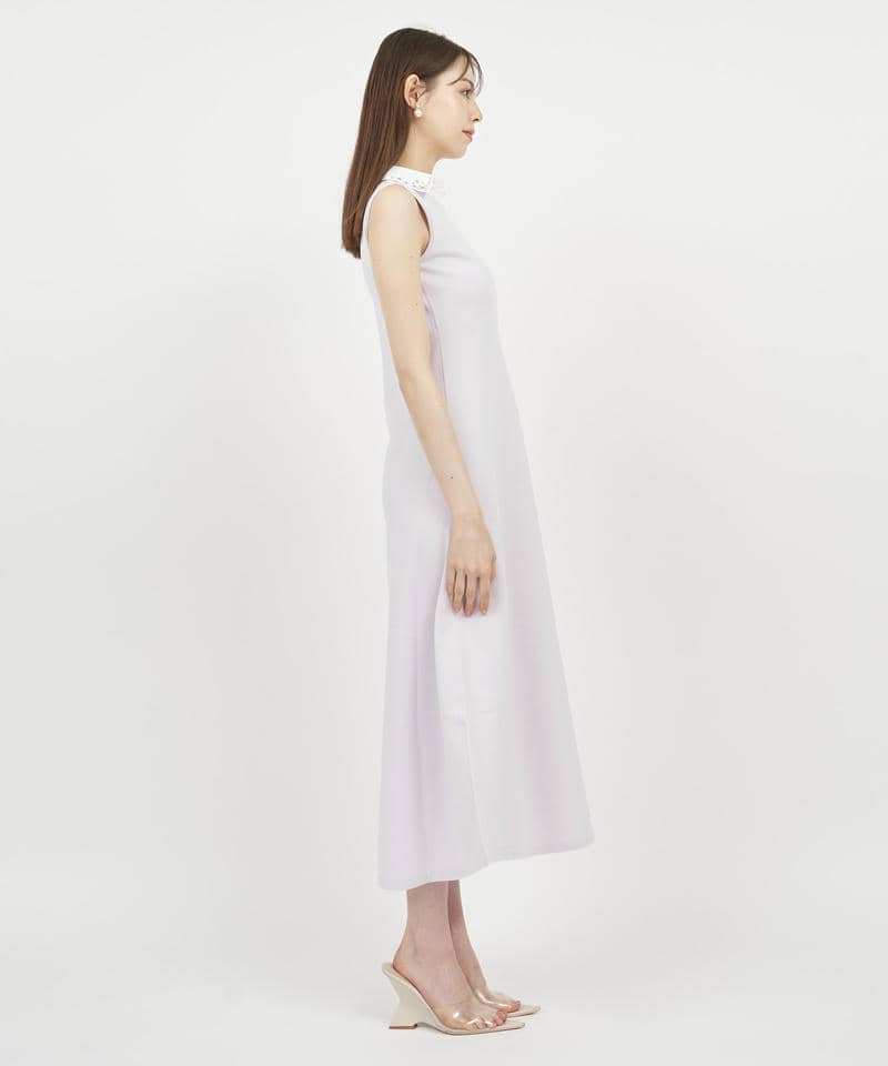 【丈が選べる】ビジュー衿付ニットワンピース 詳細画像 パープル 2