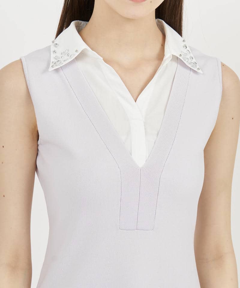 【丈が選べる】ビジュー衿付ニットワンピース 詳細画像 パープル 4