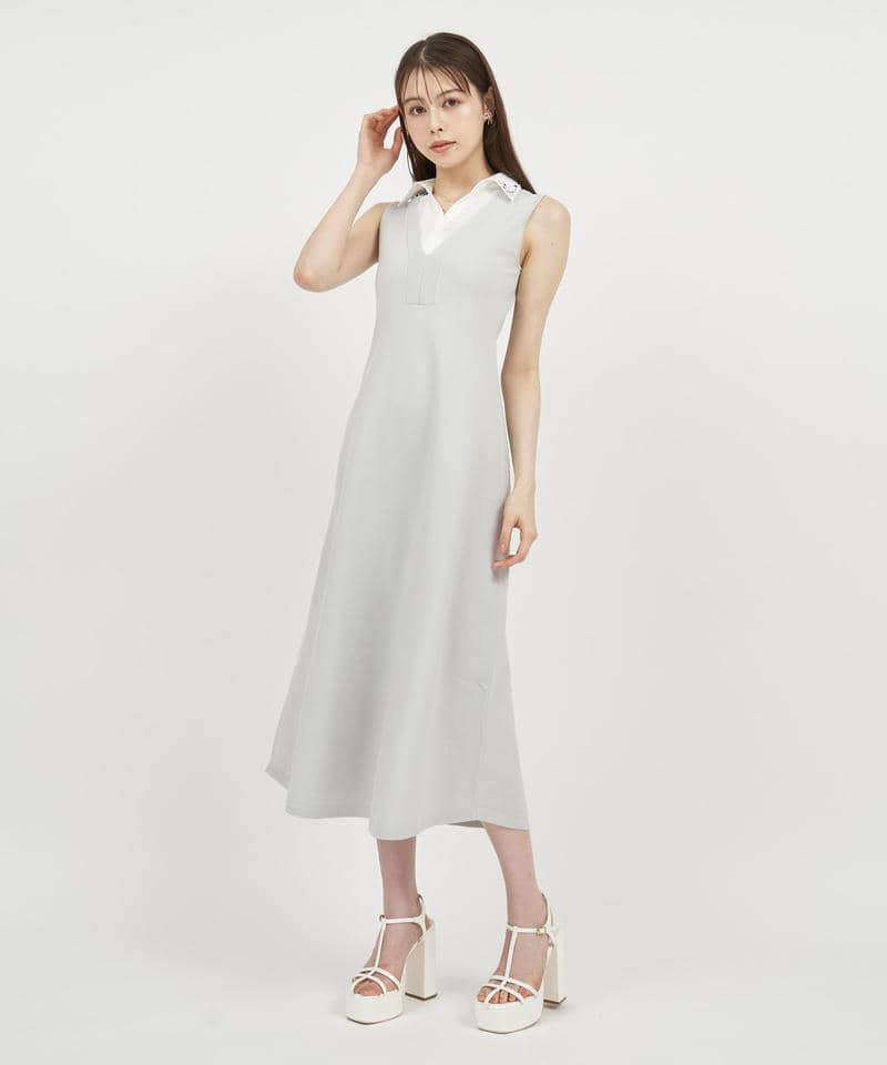 【丈が選べる】ビジュー衿付ニットワンピース 詳細画像 グレー 1