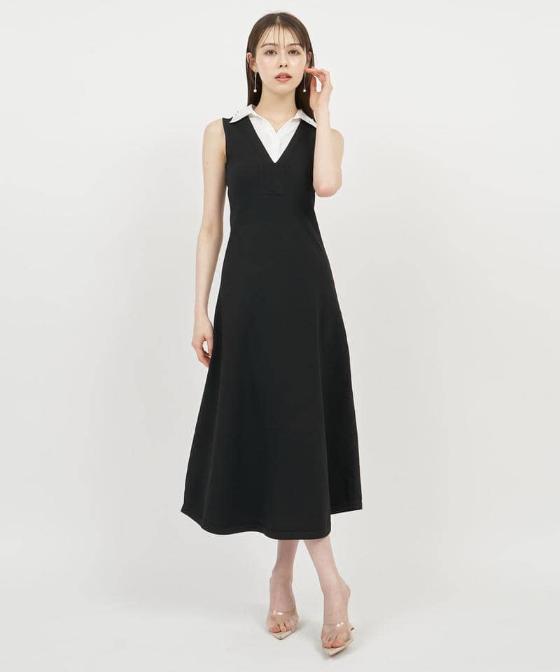 【丈が選べる】ビジュー衿付ニットワンピース 詳細画像 ブラック 1