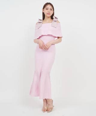 【丈が選べる】パールリボンオフショルマーメイドニットワンピース