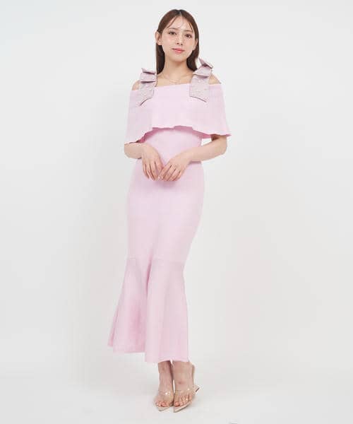 【丈が選べる】パールリボンオフショルマーメイドニットワンピース 詳細画像