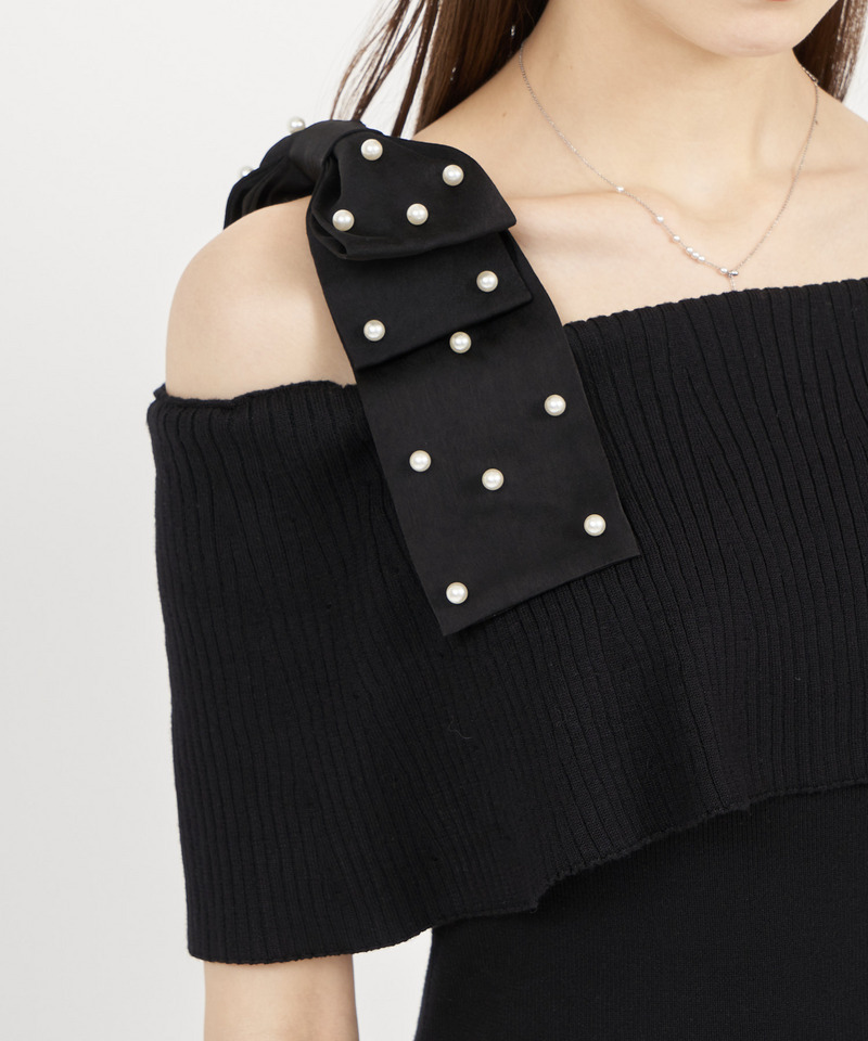 【丈が選べる】パールリボンオフショルマーメイドニットワンピース 詳細画像 グレー 5