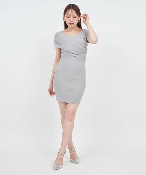 タックカシュクールタイトニットミニワンピース 詳細画像